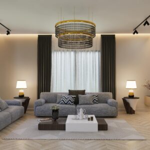 Stylish modern living room featuring elegant furniture and a stunning chandelier.