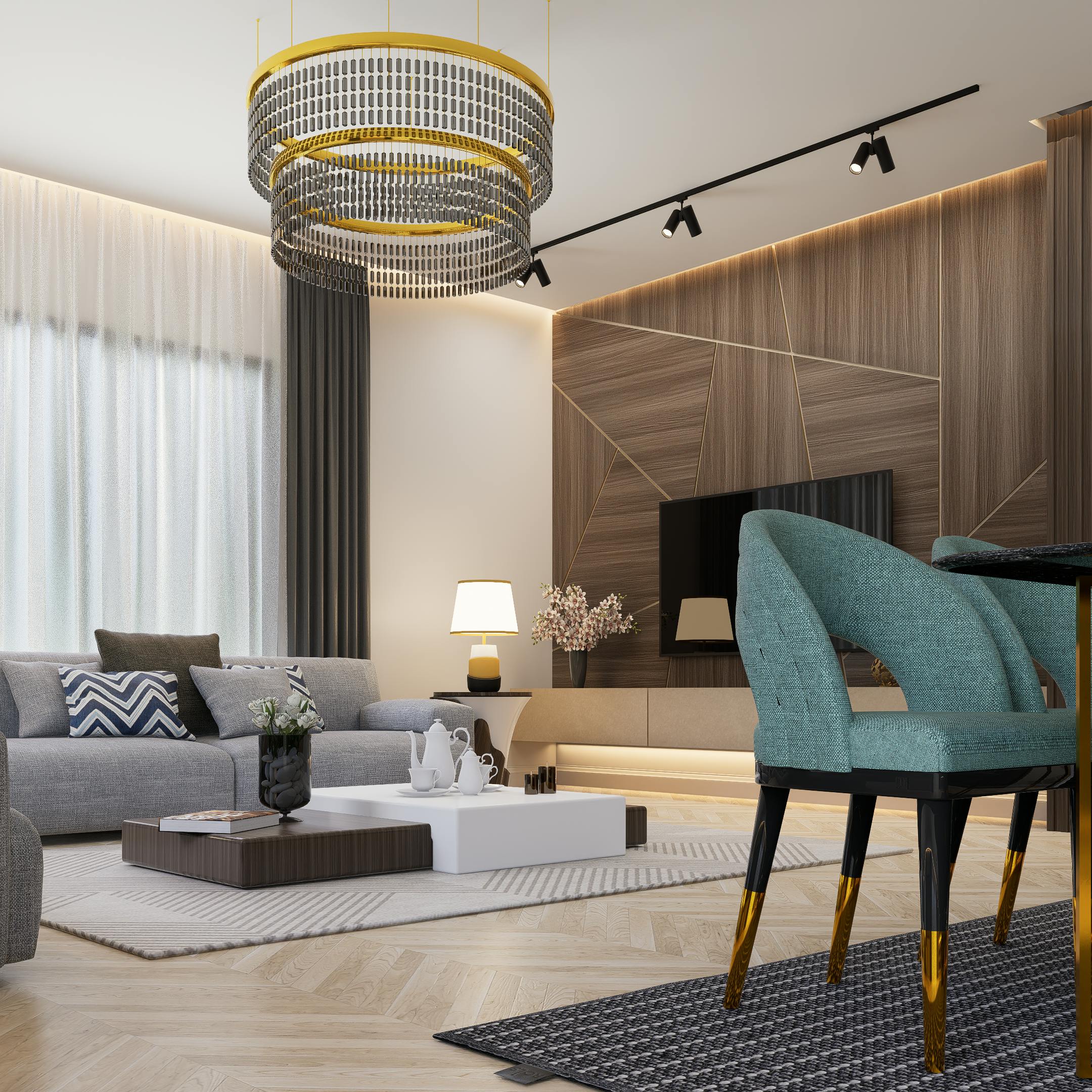 Stylish modern living room with elegant decor and luxurious furnishings.